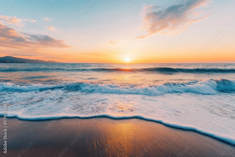Fototapeta premium Serene Sunset Over Gentle Waves at the Ocean's Edge