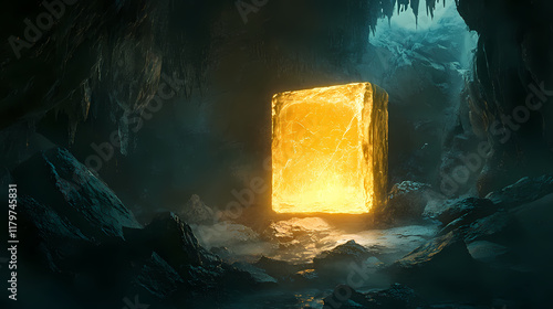 Enigmatic glowing stone tablet illuminated in a mysterious cave surrounded by shadows and textured rocks in a fantasy landscape. Glowstone. Illustration photo