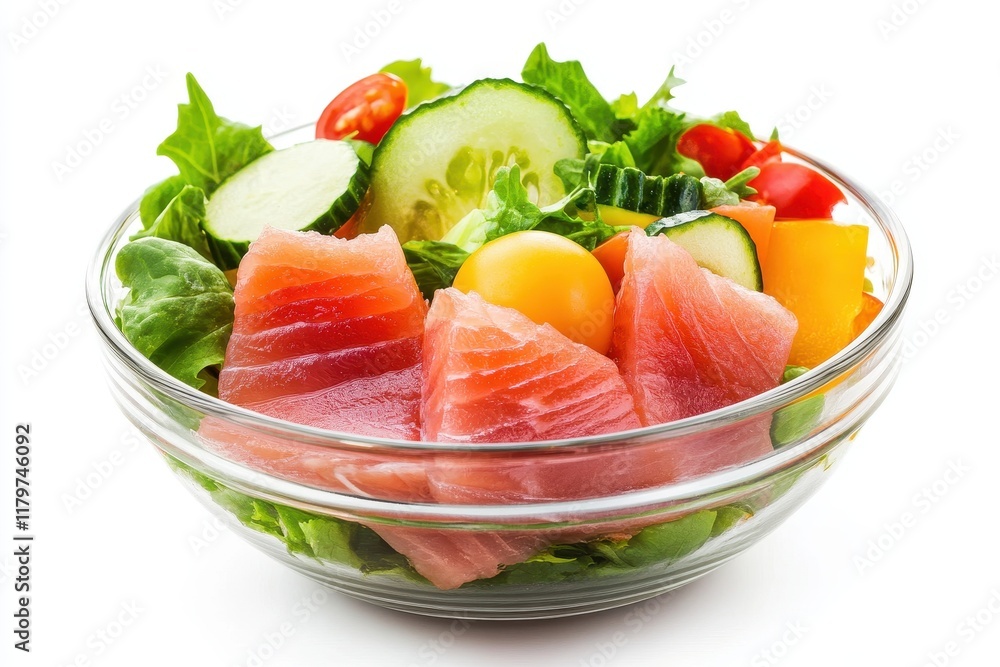 Isolated bowl of fresh vegetable salad topped with rare seared tuna slices on a white background Isolated bowl of fresh vegetable salad topped with rare seared tuna slices on a white background
