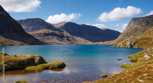 A remote highland lake with clean sparkling water and rugged cliffs photo