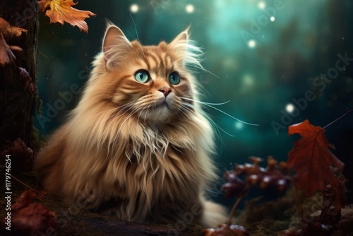 Portrait of a cute british longhair cat isolated on backdrop of a mystical forest