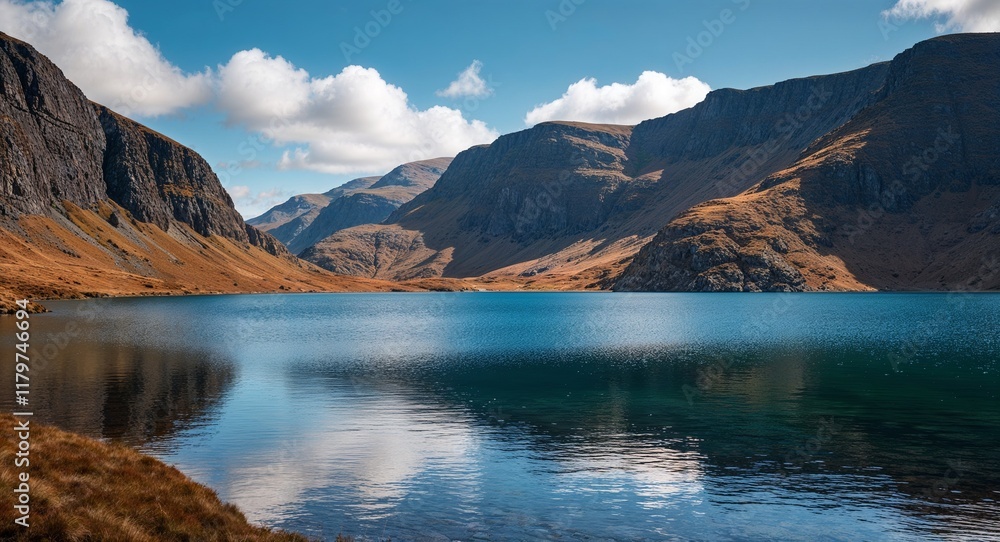 Obraz premium A remote highland lake with clean sparkling water and rugged cliffs