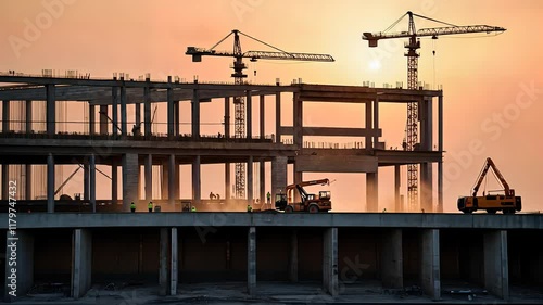 Construction Site with Cranes and Machinery at Sunset Featuring a Steel Framework for a Modern Building

 photo