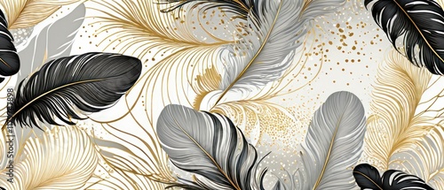 Horizontal classic wall art decoration. golden, black, brown, olive color and orange feathers on light background