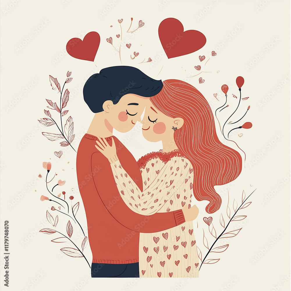 An adorable couple moment, with a boy embrace a girl. Red and beige tones, scattered hearts, and soft textures enhance this Valentines Day-inspired illustration An adorable couple moment, with a boy embrace a girl. Red and beige tones, scattered hearts, and soft textures enhance this Valentines Day-inspired illustration