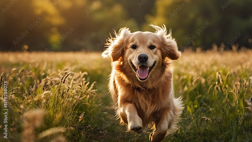 Happy Golden Retriever Running Through a Field at Sunset Happy Golden Retriever Running Through a Field at Sunset
