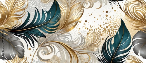 Horizontal classic wall art decoration. golden, black, brown, olive color and orange feathers on light background