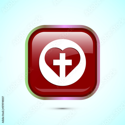 Christian cross icon design illustration, Religion sign. Holy cross logo symbol, Red color square button design