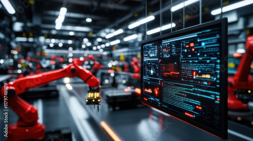 Wallpaper Mural futuristic industrial floor showcasing robotic arms and digital displays, emphasizing automation and technology Torontodigital.ca