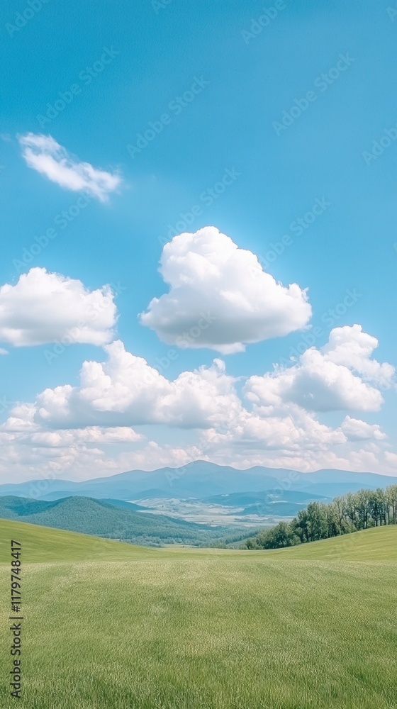 Serene Summer Day with Fluffy White Clouds and Vast Green Landscape Underneath Clear Blue Sky Serene Summer Day with Fluffy White Clouds and Vast Green Landscape Underneath Clear Blue Sky