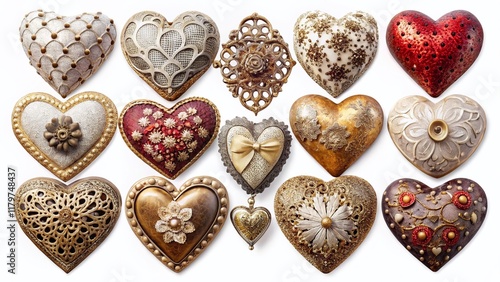 Low Light Photography: Textured & Decorated Hearts Collection - Isolated on White Background