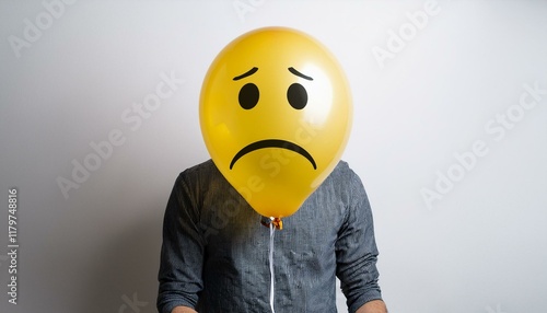 Anonymous man with sad yellow balloon instead of head. Portrait showing sadness, isolated on white background. photo