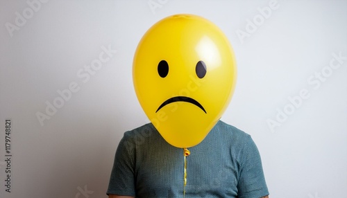 Anonymous man with sad yellow balloon instead of head. Portrait showing sadness, isolated on white background. photo