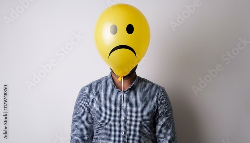 Anonymous man with sad yellow balloon instead of head. Portrait showing sadness, isolated on white background. photo