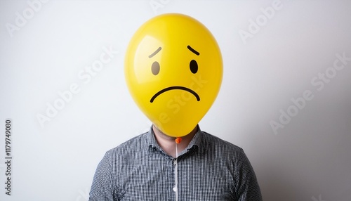 Anonymous man with sad yellow balloon instead of head. Portrait showing sadness, isolated on white background. photo