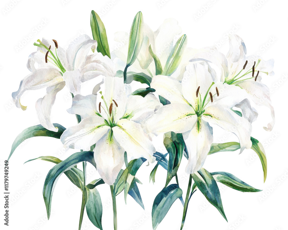 Fototapeta premium Beautiful white lilies with green leaves on a white isolated background.