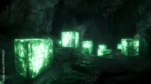 Glowing emerald blocks in dim cave environment. Glowstone. Illustration photo