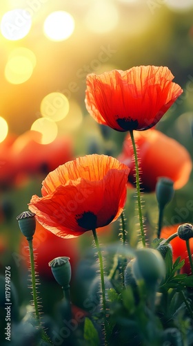 Elegant poppy flowers in golden sunrise glow photo