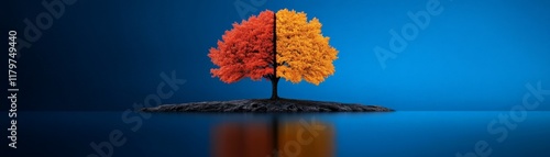 Dualistic Nature: A conceptual 3D rendering of a tree split into two contrasting colors, orange and red, symbolizing duality, balance, or opposing forces. photo