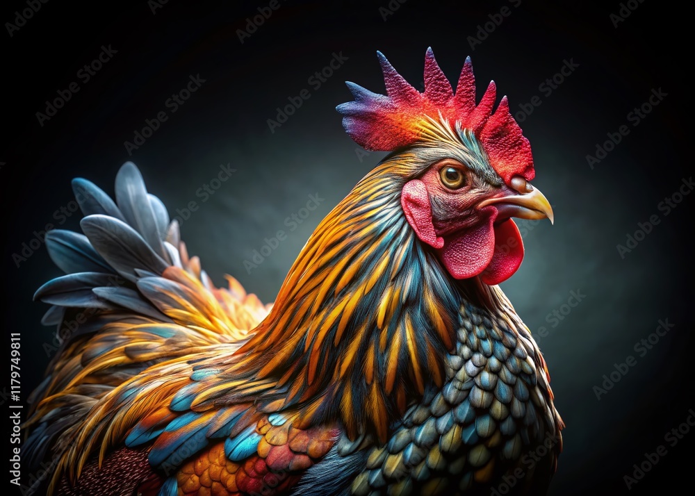 Fototapeta premium Low Light Sebright Chicken Portrait - Elegant Bantam Breed in Dark Setting