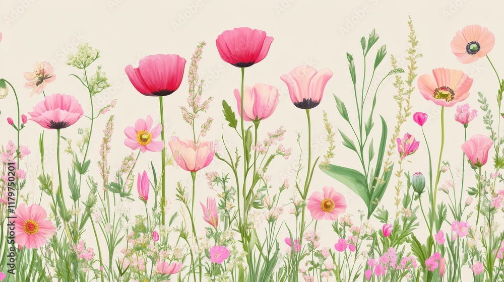 Fototapeta premium Seamless pattern of pink and green flowers, including wildflowers, poppies, tulips, cosmos 
