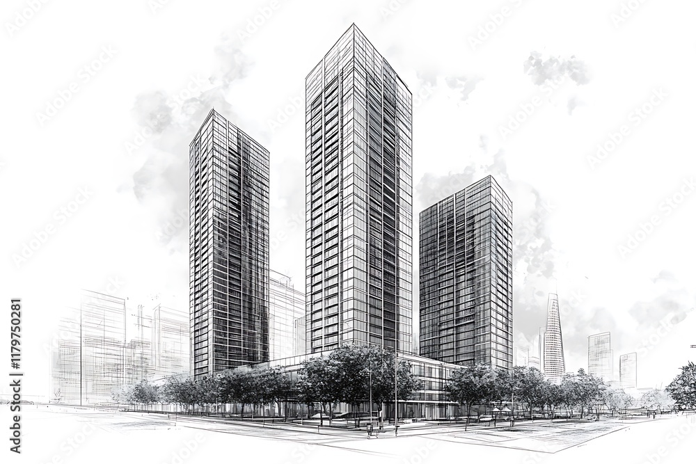 Fototapeta premium Modern Architecture Interpretation with Tall Structures and Trees