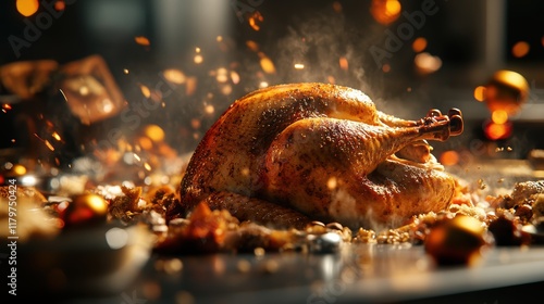A Beautifully Roasted Turkey Garnished with Aromatic Spices and Herbs on a Rustic Wooden Table Ready for Celebration Dinner