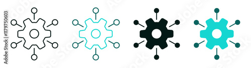 Automation gear icon set. AI, technology, automated system, network, settings, data, multichannel marketing or business concept. Cogwheel and circuits logo for web or mobile. Editable vector stroke.