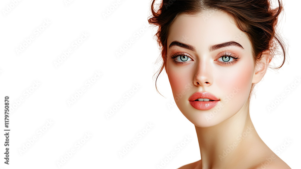 Fototapeta premium Radiant young woman with flawless skin and soft pink accents, showcasing beauty and elegance in a minimalist style