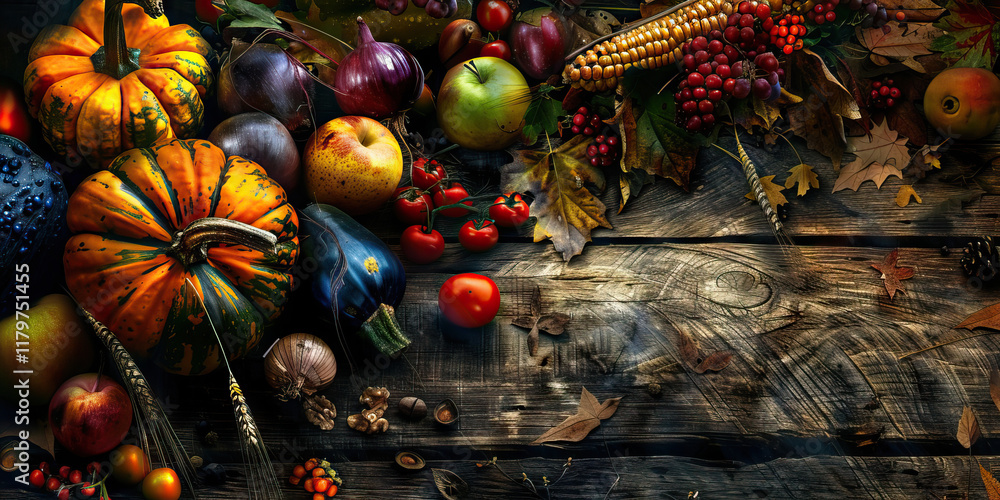 Naklejka premium Autumn Produce Display on Rustic Wood