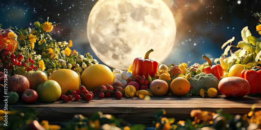 Fototapeta premium Harvest Produce Display with Full Moon Background