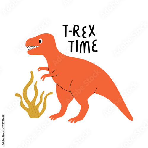 Cute dinosaur tyrannosaurus character and hand drawn text T-Rex Time. Design element for print, greeting card, invitation, book