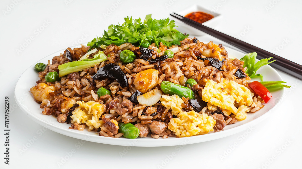 Yangzhou fried rice isolated on a white background, showcasing a delicious and traditional Chinese meal made with rice, vegetables, and eggs, perfect for a healthy lunch or dinner option. Yangzhou fried rice isolated on a white background, showcasing a delicious and traditional Chinese meal made with rice, vegetables, and eggs, perfect for a healthy lunch or dinner option.