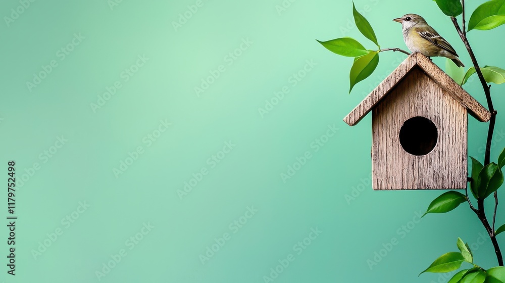Small Bird on Wooden Birdhouse with Green Background and Leaves Small Bird on Wooden Birdhouse with Green Background and Leaves