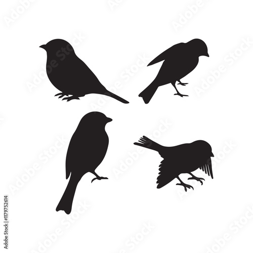 sparrow vector illustration style flat black silhouette, silhouette of sparrow or titmouse in different poses, black and white, sparrow icon or logo illustration