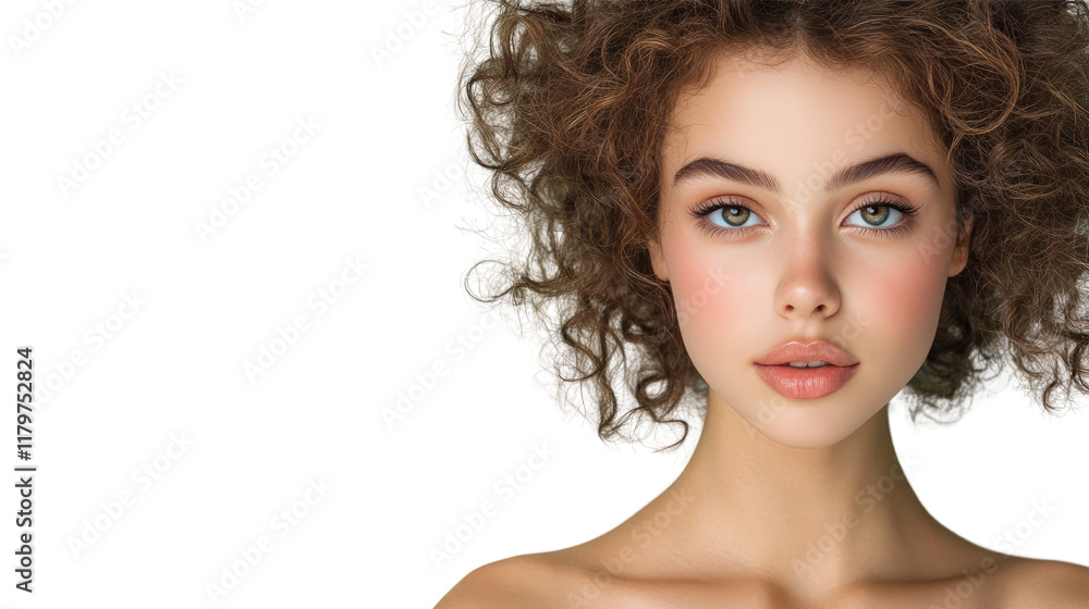 Obraz premium Portrait of a young woman with curly hair showcasing natural beauty and flawless skin against a dark background