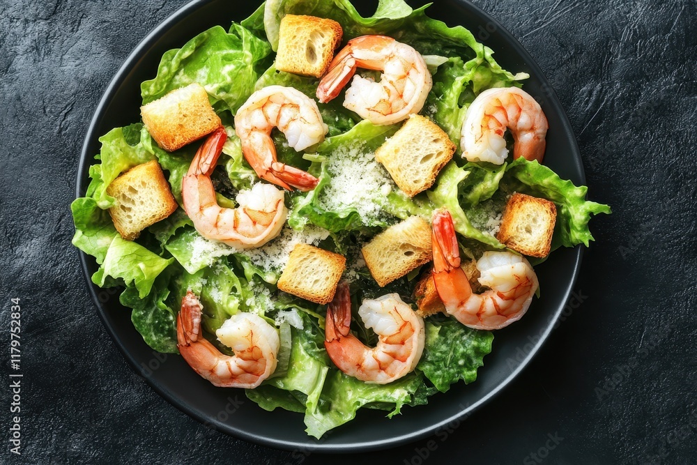 Seafood Caesar Salad with croutons shrimp greens and parmesan on a black backdrop Italian style Overhead view blank space Seafood Caesar Salad with croutons shrimp greens and parmesan on a black backdrop Italian style Overhead view blank space