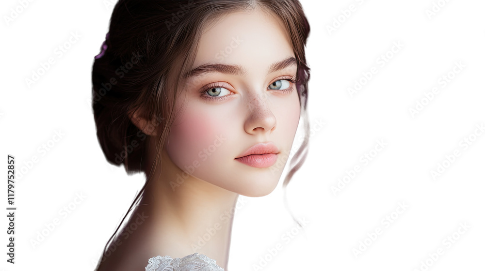 Portrait of a young woman with natural beauty, soft features, glowing skin, and gentle expression in a romantic style photograph Portrait of a young woman with natural beauty, soft features, glowing skin, and gentle expression in a romantic style photograph