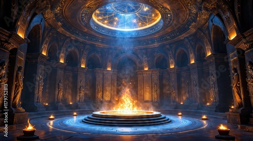 Majestic Fantasy Hall with Glowing Central Fire and Ornate Dome Ceiling