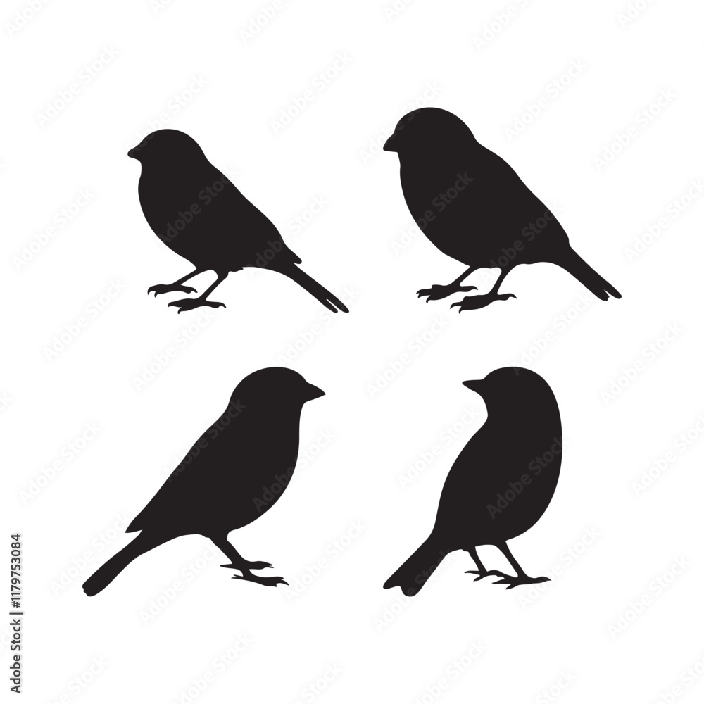 Fototapeta premium sparrow vector illustration style flat black silhouette, silhouette of sparrow or titmouse in different poses, black and white, sparrow icon or logo illustration