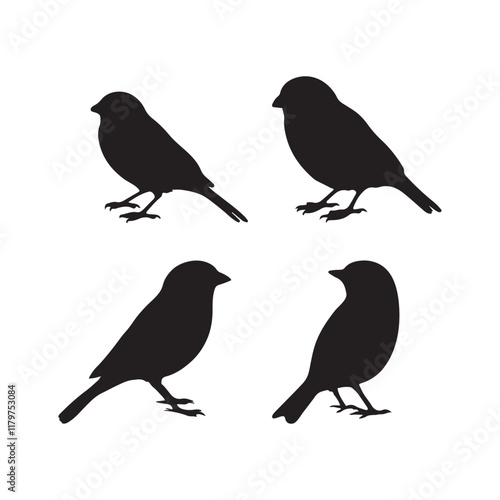 sparrow vector illustration style flat black silhouette, silhouette of sparrow or titmouse in different poses, black and white, sparrow icon or logo illustration