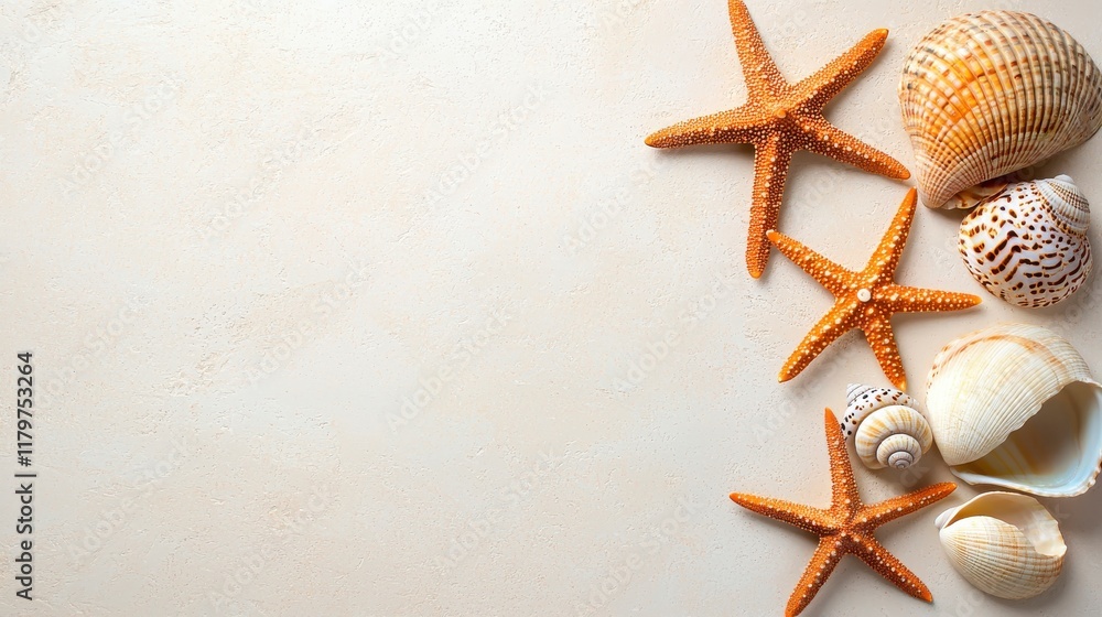 Starfish and Sea Shells on Sandy Background for Coastal Decor Starfish and Sea Shells on Sandy Background for Coastal Decor