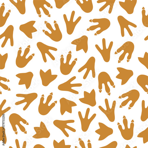 Seamless pattern with dinosaur footprints on white background. Template for print, fabric, wallpaper, wrapping paper