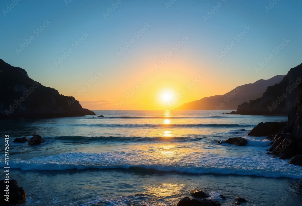 Fototapeta premium Ocean waves at sunset with dark rocks and cliffs.