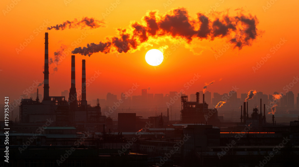 Fototapeta premium Industrial skyline at sunset with smoke rising from factories, creating dramatic scene