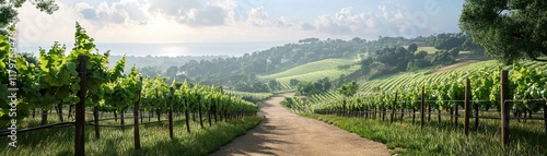 Scenic vineyard landscape with lush greenery and serene sky.
