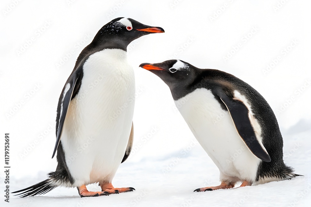 Fototapeta premium Gentoo penguins standing against a white background 