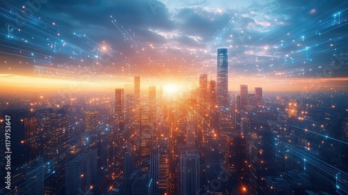 Wallpaper Mural Futuristic cityscape at sunset with glowing data connections, symbolizing a tech-driven world Torontodigital.ca