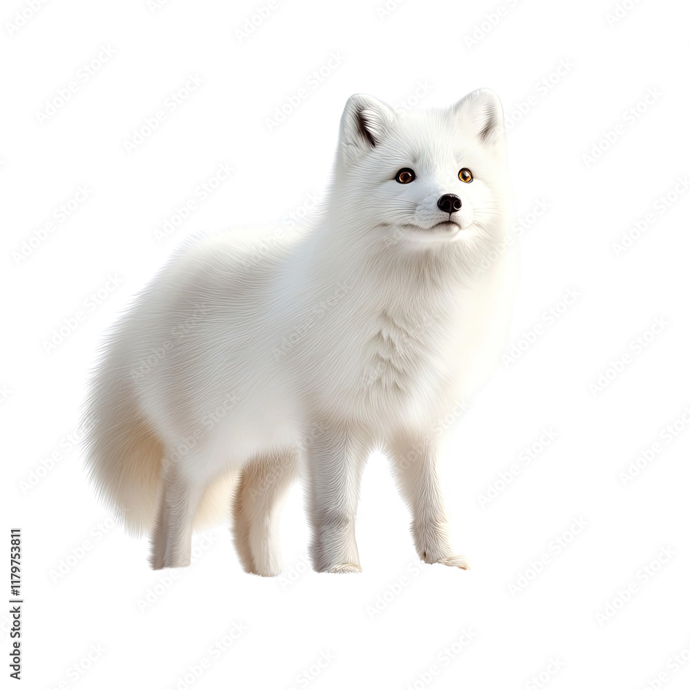 Fluffy White Arctic Fox Standing Alert in a Snowy Landscape Against a Soft Blue Sky Background Fluffy White Arctic Fox Standing Alert in a Snowy Landscape Against a Soft Blue Sky Background