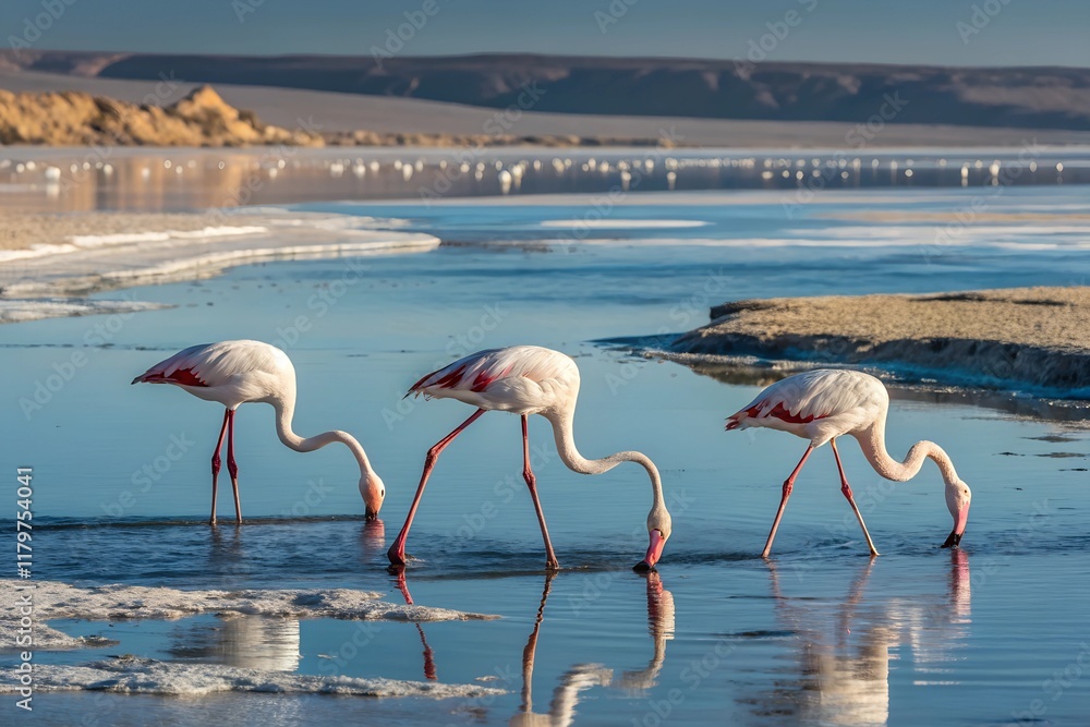 Obraz premium Pink Flamingos Feeding in Shallow Tropical Water 